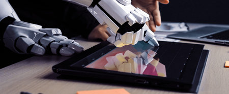 A robotic hand engages with a tablet showcasing vibrant data visuals, symbolizing advanced...