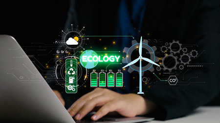 A professional man interacts with a laptop, surrounded by digital graphics symbolizing ecology,...