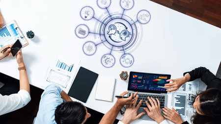 A dynamic scene depicting a diverse team engaged in data analysis and strategic planning in a modern...