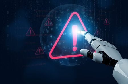 AI monitors network to issue real-time alerts for cybersecurity incidents. Alert warning showing red...