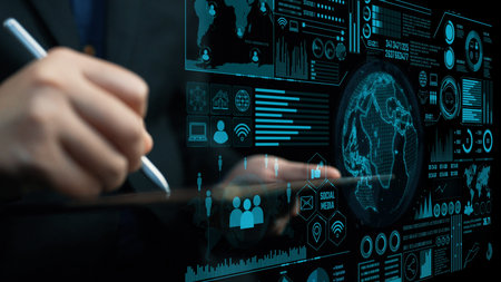 A business professional interacts with a digital interface showcasing data visualization related to...