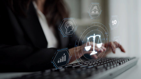 Futuristic digital law interface displaying justice scale, highlighting digital law, AI compliance,...