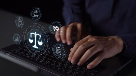 Futuristic digital law interface displaying justice scale, highlighting digital law, AI compliance,...