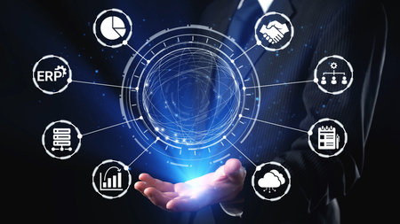 ERP icons show management, integration, and business process. ERP supports data management, ERP...