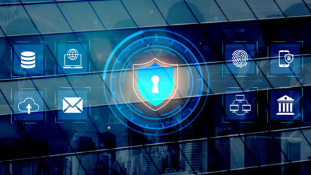 Modern Digital Security Concept with Shield Icon and Abstract Data Protection Symbols on Glass...