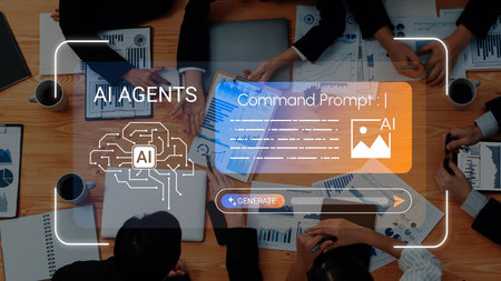 Diverse team collaborating on artificial intelligence project with graphs, data analysis, and...