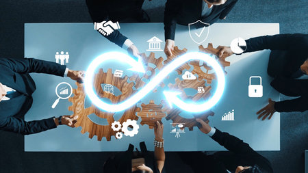 A dynamic representation of collaboration in business, showcasing teamwork around a gear mechanism...