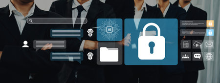A group of business professionals engage in a discussion about data security, enhanced by digital...