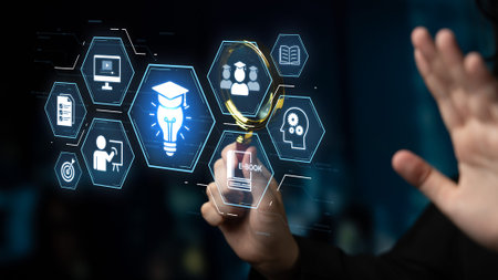 Education technology digital learning, training systems, and knowledge development. Futuristic...