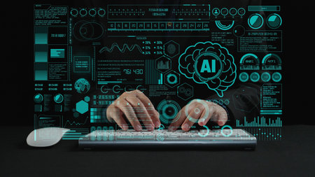 A captivating image of hands typing on a keyboard against a backdrop of AI visuals and data...