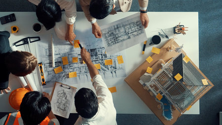 Top down view of skilled engineer team comparing blueprint and house plan. Aerial view of group of...
