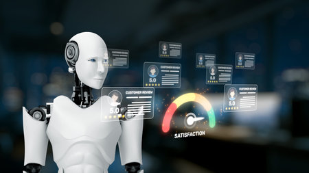 A futuristic robot analyzes customer reviews and satisfaction levels through a high-tech digital...