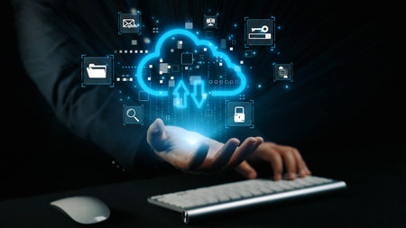 A representation of cloud technology featuring holographic icons that signify data transfer and...