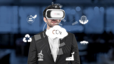 A businessman engages with virtual reality technology to visualize concepts around carbon neutrality...