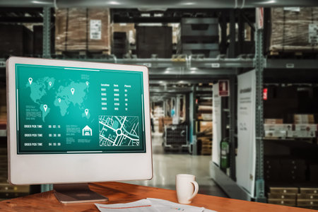 Warehouse management innovative software in computer for real time monitoring of goods package...