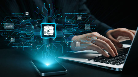 A modern technology illustration showcasing a digital chip between a smartphone and laptop,...