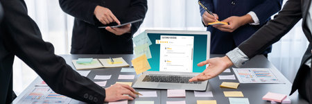 Analyst team use sticky note for creative and analytic brainstorm for business idea with data...