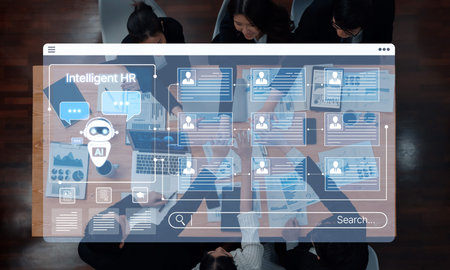 A modern workspace displaying an innovative HR interface featuring AI tools while a diverse team...
