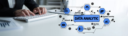 Close-up of hands typing on a keyboard in an office, with a visual concept of data analytics,...