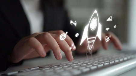 Startup launch and business growth concept, rocket symbolism, entrepreneurship, startup innovation,...