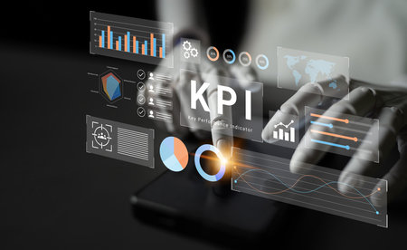 A modern depiction of data analysis showcasing KPI metrics through visual elements and user interaction with a smartphone in a dark environment. Gantry