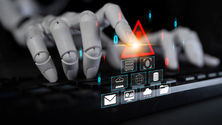 Futuristic Robot Hand Typing on Keyboard with Digital Security Warning and Data Icons Representing...