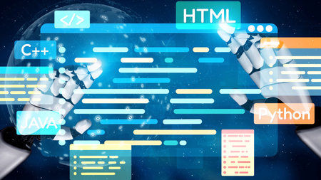 Software development with coding overlays, programming languages, developer tools, mobile app...