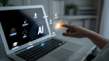 User Engages with Artificial Intelligence Interface on Laptop Screen to Explore Innovative Concepts,...