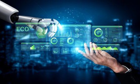 AI analyzing ESG and sustainability metrics for businesses, visualizing carbon reduction goals and...