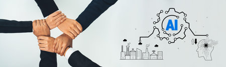 Collaborative Partnership Showcasing Human Hands and Innovation Symbols Highlighting AI Technology...
