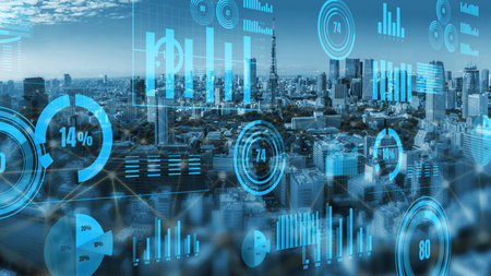 Captivating city skyline with digital overlays of graphs and statistics, showcasing the intersection...