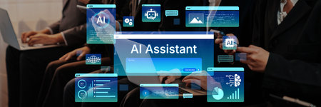 Future of work with AI assistant. Futuristic AI Assistant interface with multimodal predictive AI...