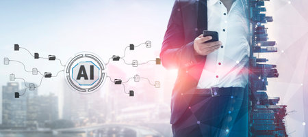 Businessman Using Smartphone with AI Technology and Cityscape Background Representing Innovation and...