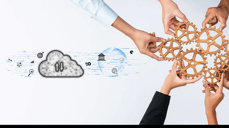 A creative collaboration scene showing diverse hands working together with gears to symbolize...