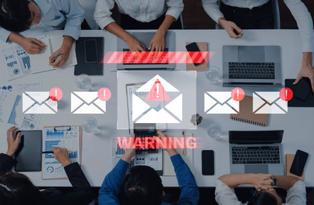 A dynamic team meeting focusing on cybersecurity issues, featuring email alerts and warning signs...