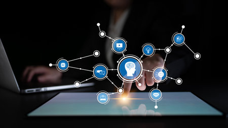 A person engages with a futuristic digital interface featuring a brain icon and interconnected...