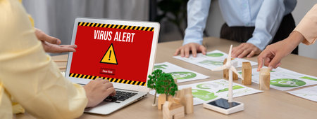 Virus warning alert on computer screen detected brisk cyber threat , hacker, computer virus and...