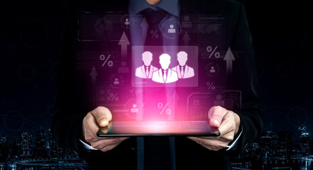 Concept of human resources metrics and workforce analytics. The data shows employee team...