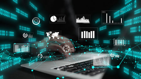 A modern representation of data analysis, showcasing dynamic graphs and charts against a backdrop of...