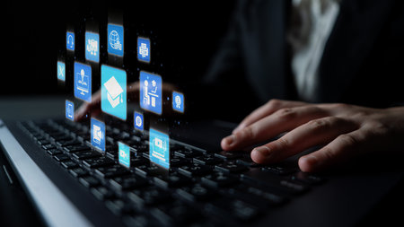 Online education icons show e-learning, online education classes, and digital study. Online...