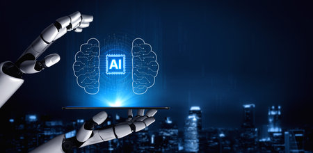 AI brain processes big data with generative AI, LLMs, and machine learning to support business...