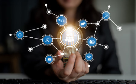 A creative illustration of digital communication, showcasing interconnected icons that represent...