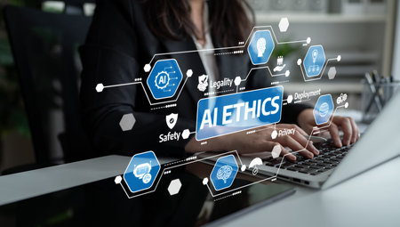 A business professional types on a laptop, surrounded by concepts of AI ethics, including legality,...