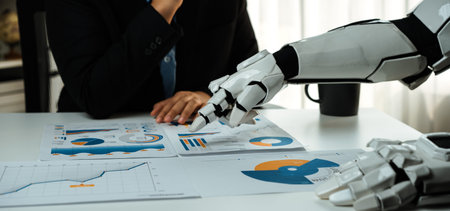 A robotic arm points to detailed reports and charts during a business meeting, illustrating the...
