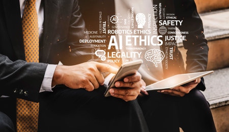 Two business professionals engage in a discussion on artificial intelligence ethics, using a smartphone and tablet to explore crucial implications for society and technology. Tesselの写真素材