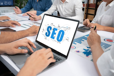 SEO search engine optimization for brisk e-commerce and online retail business showing on computer...