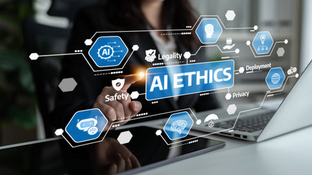 A modern illustration showing the significance of AI ethics, emphasizing key areas like safety,...