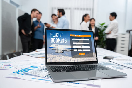 Online flight booking website provide brisk reservation system . Travel technology concept .