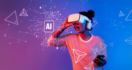A vibrant scene depicting a young woman immersed in virtual reality, showcasing the blend of...