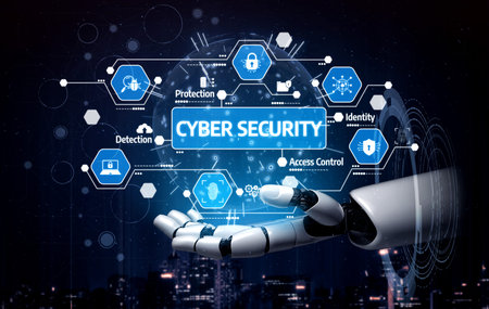 Innovative visual of a robot hand interacting with digital icons representing cyber security. Ideal...